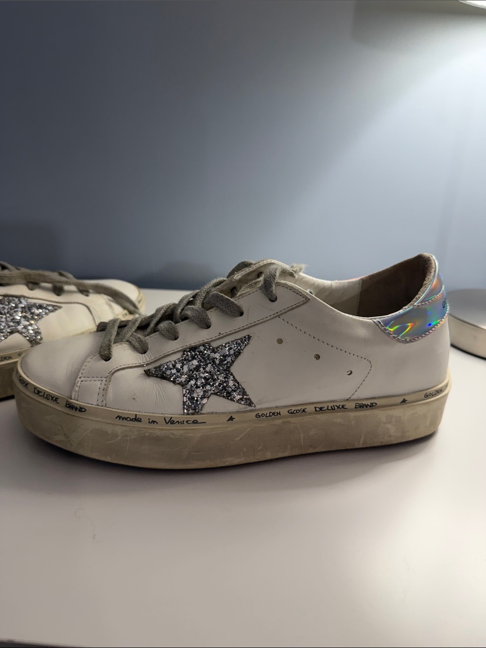 Golden Goose White Leather Hi Star Sneaker with Silver Glitter Star 38 - Picture 14 of 15